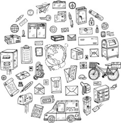  Post office doodle circle composition. Hand drawn vector collection. Post and delivery icons.