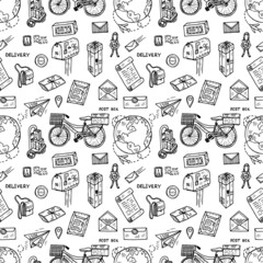 Post office doodle seamless pattern. Hand drawn vector collection. Post and delivery icons.