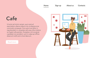 Woman in modern clothes sitting at the restaurant or cafe vector flat cartoon landing page template.