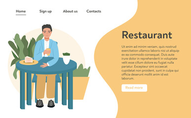 Young smiling man sitting at the cafe or restaurant and have a drink vector flat cartoon landing page template.
