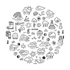 Composition with cute hand drawn weather icons. Doodle vector collection