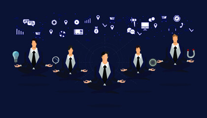 Obraz premium Businessman practicing mindfulness meditation - releasing stressful thoughts and expressing potential - yoga and self consciousness idea concept with icon Business.