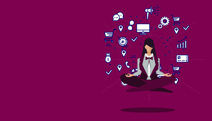 Businesswomen practicing mindfulness meditation - releasing stressful thoughts and expressing  potential - yoga and self consciousness idea concept with icon Business.