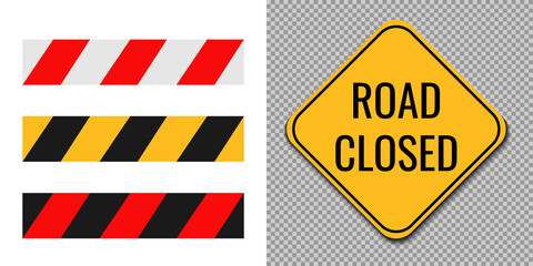 Road closed sign, symbol, icon, logo. Square yellow sign of Road closed on trasparent background. Vector illustration