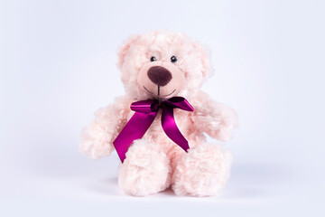 Teddy bear furry toy for kids isolated on white background. Cheerful posotive romantic bear.