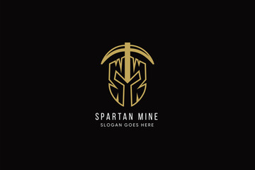 Spartan mine logo design template use gold color in icon and white in text isolated on black background. combination mask of titan and mining tool. 