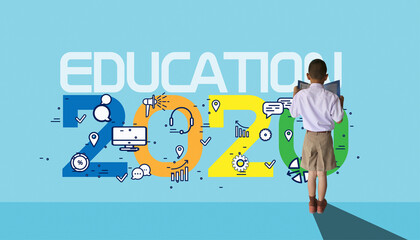 boy student reading book with Text education 2020 ,icon - creativity modern Idea and Concept.