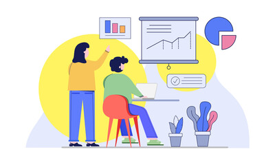 Man and women discuss to analyze data, exchange information and solve problems. Team work concept flat design
