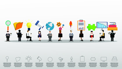 Businessman and lady Brainstorming with icon - organization employee banner poster concept. Vector flat graphic design illustration.