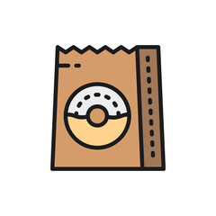 Donuts in bag, food package, takeaway flat color line icon.