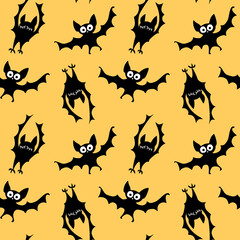 Flying bats seamless pattern. Cute Spooky vector Illustration. Halloween backgrounds and textures in flat cartoon gothic style. Black silhouettes animals on sky