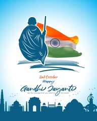 Vector illustration of Gandhi Jayanti, Mahatma Gandhi, national holiday of India, 2nd October, india flag, indian monuments silhouette, banner with english text. - obrazy, fototapety, plakaty