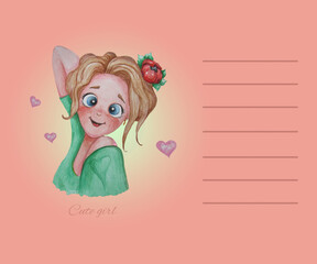 cute girl. A beautiful, smiling girl with a scarlet flower in her hairstyle on a pink background with hearts. Horizontal poster, sticky note with lines for writing text. Watercolor. Hand drawing