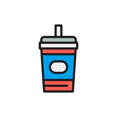 Disposable cup with drink, takeaway flat color line icon.