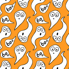 Vector seamless pattern with cute Ghosts. Background and texture for Halloween design, fabric, wrapping, textile, greeting card, party invitation