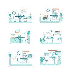 Office interior flat color vector scene set. Desk with computer. Business project work. Corporate space isolated cartoon illustration for web graphic design and animation collection