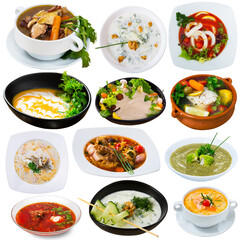 Collection of various meat, fish, chicken soups and broths with vegetables isolated on white background