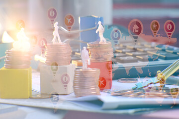 Double exposure, golden coins on table background and Business growth strategy of money concept