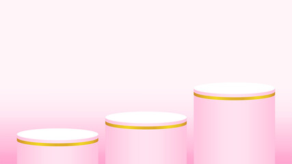 pink pedestal cylinder circle 3 steps for cosmetics showcase, podium circle stage pink pastel soft color, platform three steps for advertising copy space, podium round for make-up product display