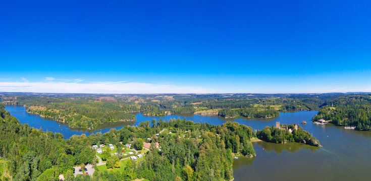 Ottenstein lake. Panorama view from above to the reservoir and the old ruin of Lichtenfels.