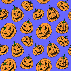 Seamless pattern with pumpkins, Jack lanterns. Vector backgrounds and textures for Halloween. Hand drawn illustration in flat doodle style, isolated