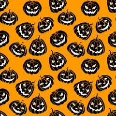 Seamless pattern with black Pumpkins isolated on orange background. Halloween vector texture