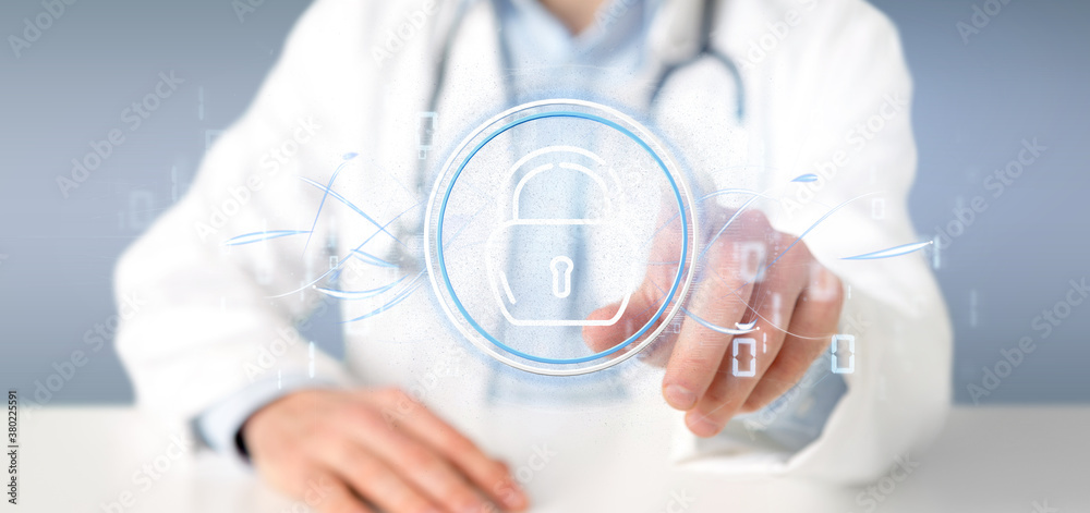 Poster doctor holding security padlock wheel icon with stats and binary code 3d rendering