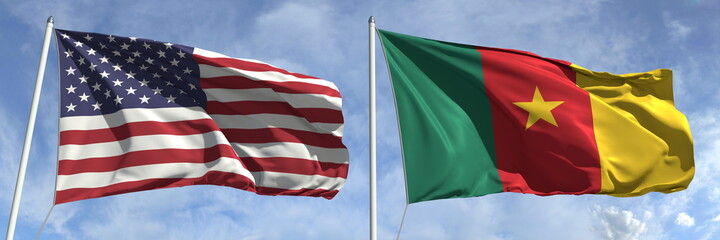 Waving flags of the USA and Cameroon on flagpoles, 3d rendering