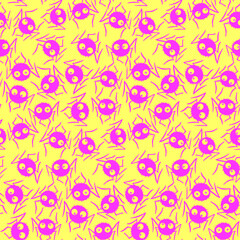 Seamless pattern of cute little spiders with eyes. Halloween vector backgrounds and textures. Isolated, hand drawn illustration