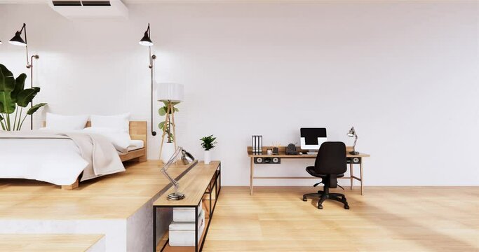 The interior Computer and office tools on desk in white concrete floor and white brick wall design. 3D rendering