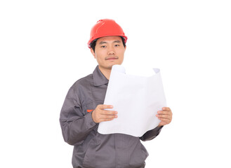 An engineer wearing a hard hat is looking at the drawings