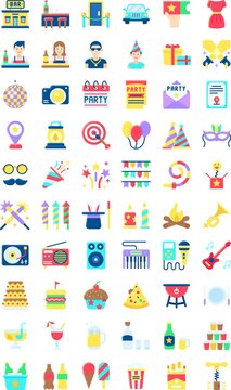 party related characters, piano, guitar, popcorn, ice cream, cake, wine glass, dresses, microphone, location, burger, camera, pizza slice, calendar, gift box and envelope, vector in flat style,