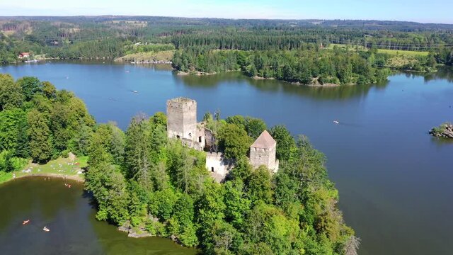 Lichtenfels ruin in Waldviertel region. Beautiful famous landmark at lake Ottenstein in Waldviertel, Lower Austria. Aerial view during summer.