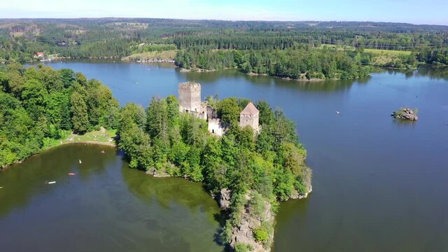 Lichtenfels ruin in Waldviertel region. Beautiful famous landmark at lake Ottenstein in Waldviertel, Lower Austria. Aerial view during summer.