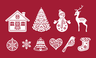 Christmas or New Year set of decorations. Laser cutting templates. Vector winter holiday illustrations. Christmas hut, tree, snowman, deer, ball, snowflake, bell, heart, bird and sock.
