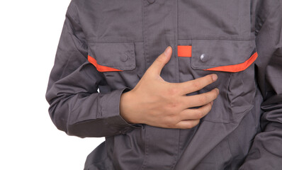 Hand holding heart position of migrant worker in front of white background