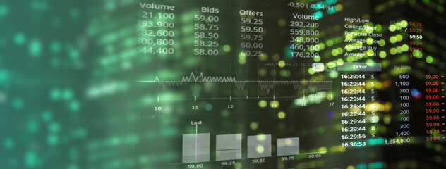 business analytical information for stock market trading on green glowing light banner background