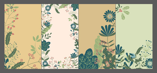 Vector set of trendy abstract backgrounds in minimalist style with flowers.