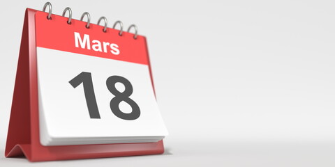 March 18 date written in French on the flip calendar page, 3d rendering