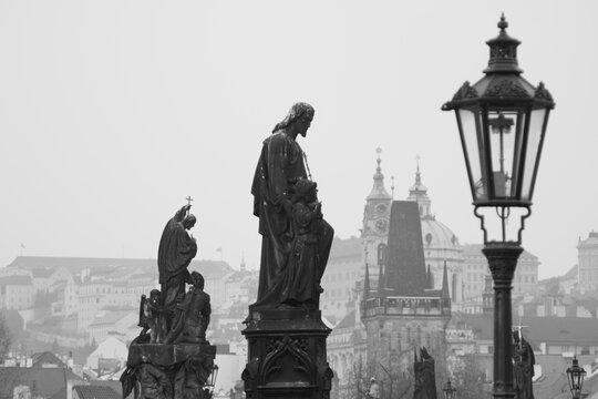Statues and Lamp on Charles Bridge, Prague