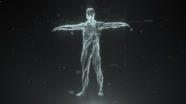 Biometric scan of human body with data and Infographics. Identification and healthcare diagnostic technology concept