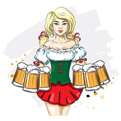 Pretty Bavarian Girl with beer. Oktoberfest on a white background