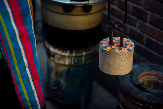 Burning briquette used for cooking in China