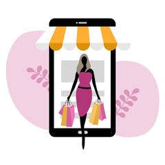 Online shopping concept vector illustration. Woman holding shopping bags walking out from online store in smartphone. E-commerce business.