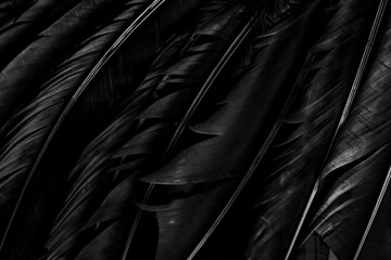 Halloween background with black raven feathers on dark grunge backdrop. Horror gothic abstract...