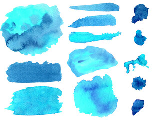 Watercolor blue brush strokes and smears set. Hand drawn colorful aquarelle stripes and blots isolated on white background. Texture for text, decoration design