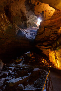 Interior of Carlsbad Caverns looking up at entry point