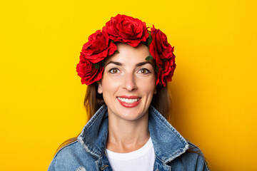 Young woman with a smile in a denim jacket and a wreath of red flowers on her head on a yellow background