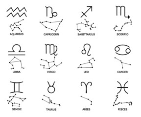 Zodiac sign set with constellation isolated on white background. Star signs for astrology horoscope. Zodiac line stylized symbols. Astrological calender collection. Vector flat illustration.
