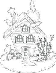 Spooky Halloween house with ghost, bat and cat template. Cartoon vector illustration sketch in black and white for games, background, pattern, decor. Print for fabrics. Coloring pper, page, story book